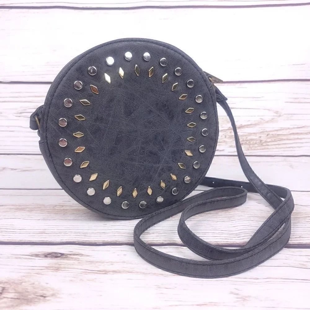 Olivia Miller Gray Studded Round Faux Leather Crossbody Bag Purse